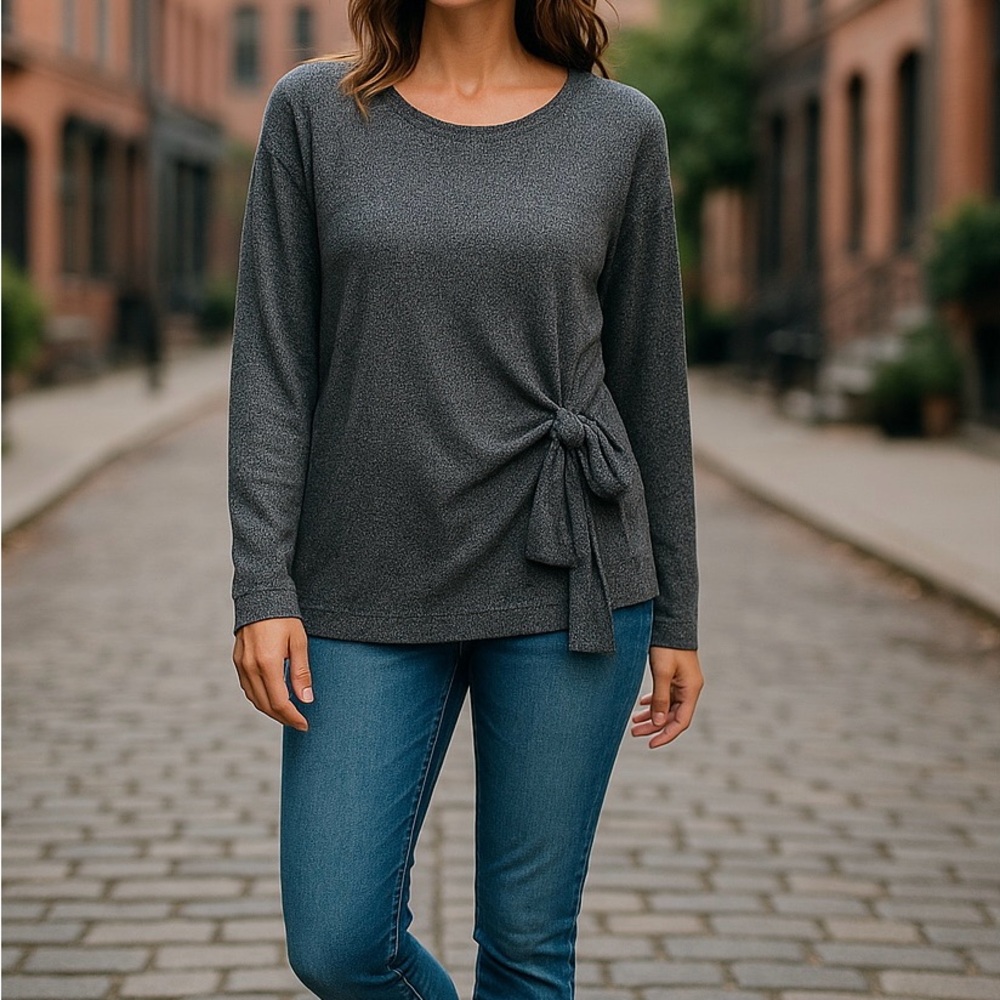 Ophelia Roe 2X Top Gray sparkly sweater/Side Tie Crew neck Long Sleeve soft knit